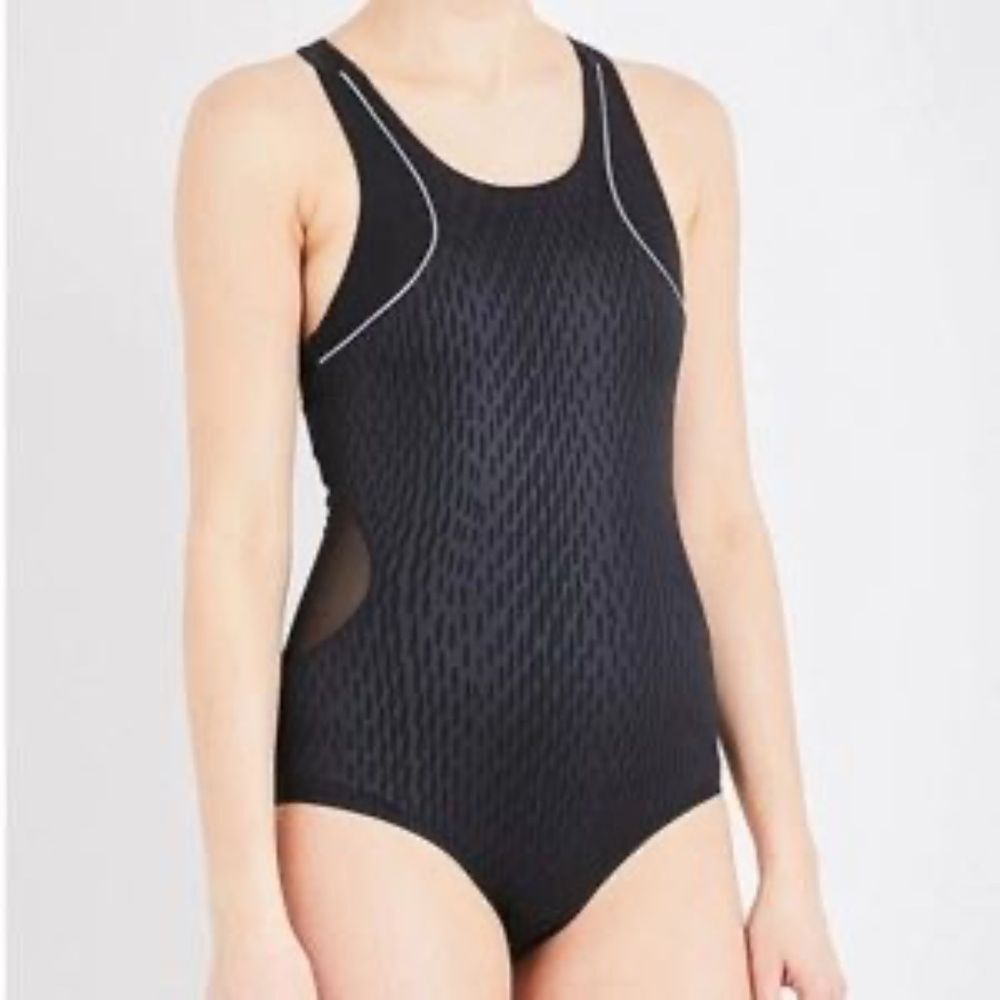 Ivy Park Black One Piece Swimsuit Bodysuit Mesh Cutouts Cross Back Size L EUC